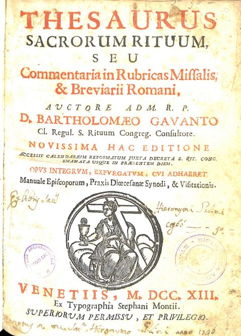 ​Caeremoniale episcoporum summorum pontificum jussu editum et a Benedicto 14. auctum et castigatum
Nova editio stereotypa
Romae: Ex Typographia Polyglotta, 1887
XV, 317 p.; 23 cm